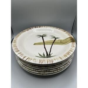 7 Mulberry Vintage Retired Palm Tree 10" Dinner Plates Beach Island Tiki 2004